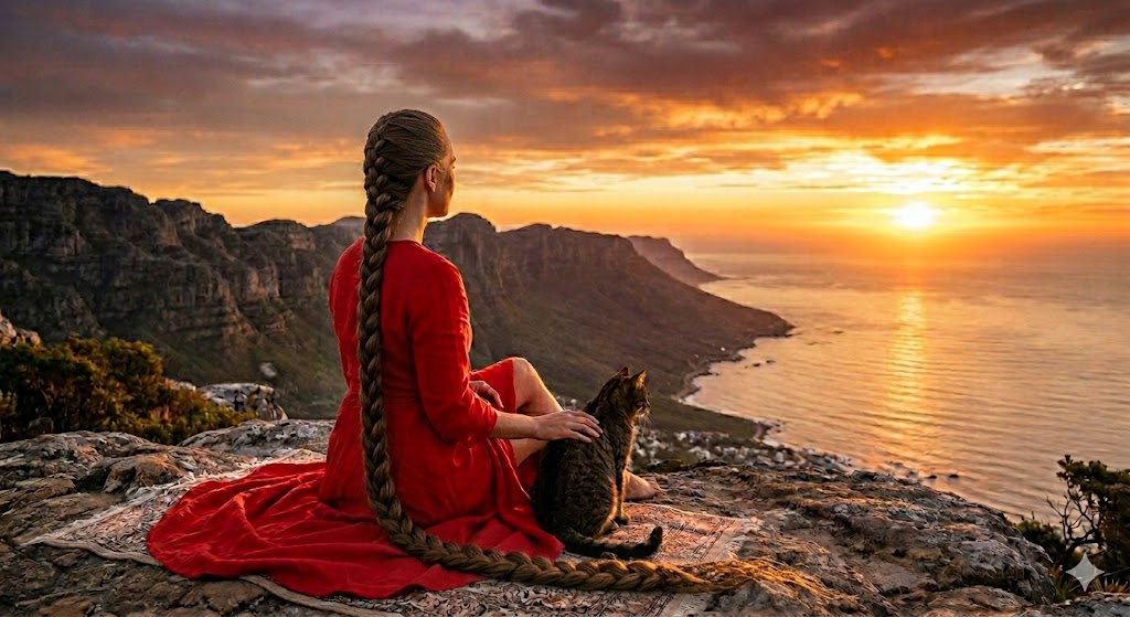 A cinematic back-view portrait of a woman with exceptionally long, thin dark brown braided hair that reaches below her knees, wearing a vibrant red maxi dress. She is sitting on a cliffside next to a brown tabby cat, both peacefully watching a stunning golden hour sunset over a coastal landscape with rolling mountains and a calm ocean.