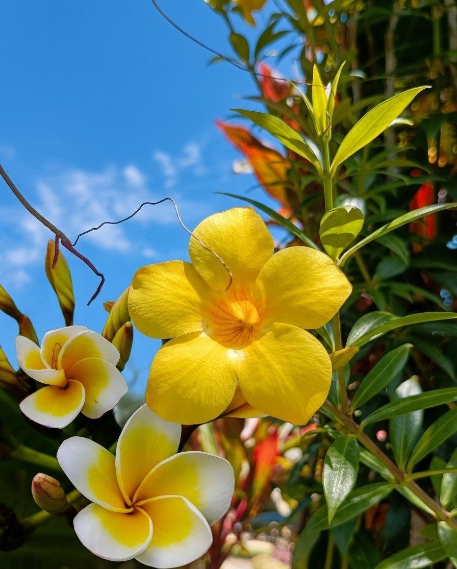 A vibrant close-up shot of bright yellow bush allamanda and white frangipani flowers blooming against a clear blue sky.