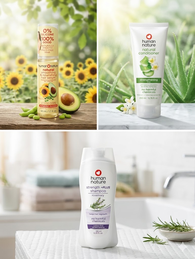 A professional three-panel product showcase of Human Nature hair care products. The top-left panel features a natural smoothing hair serum on a rustic wooden table with a background of sunflowers and avocado. The top-right panel shows a natural strengthening aloe conditioner on a white marble surface surrounded by fresh aloe vera leaves. The bottom panel displays a Strength Plus rosemary shampoo bottle in a bright, modern bathroom setting next to a sprig of fresh rosemary.