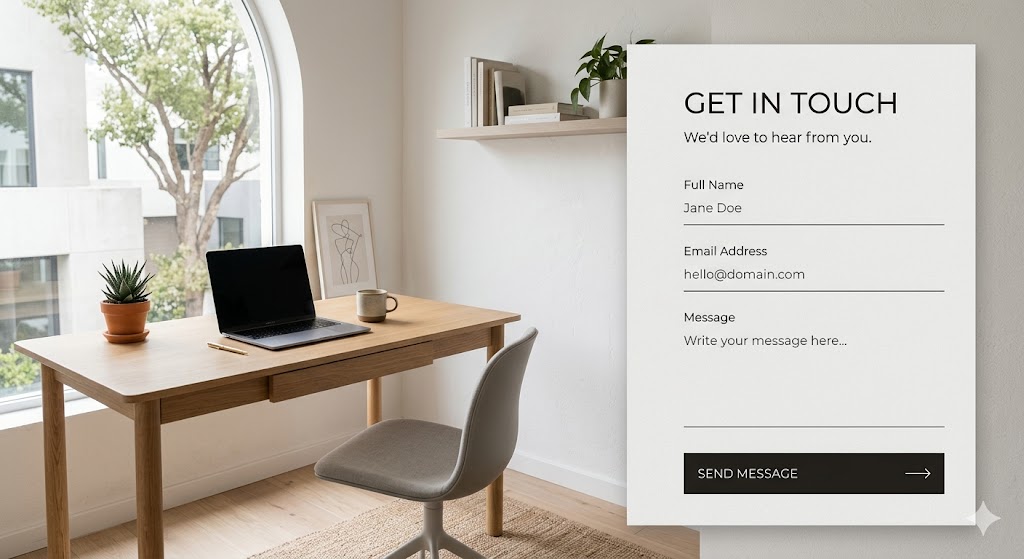 A minimalist website mockup featuring a "Get in Touch" contact form on the right and a serene home office setup on the left. The contact form has clean, black typography on a textured off-white card, with input fields for Full Name ("Jane Doe"), Email Address, and Message, finished with a sleek dark charcoal "SEND MESSAGE" button. The background workspace shows a light wood desk next to a large arched window overlooking green trees. On the desk sits a laptop, a small potted succulent, a pen, and a ceramic mug, creating a calm and professional aesthetic.