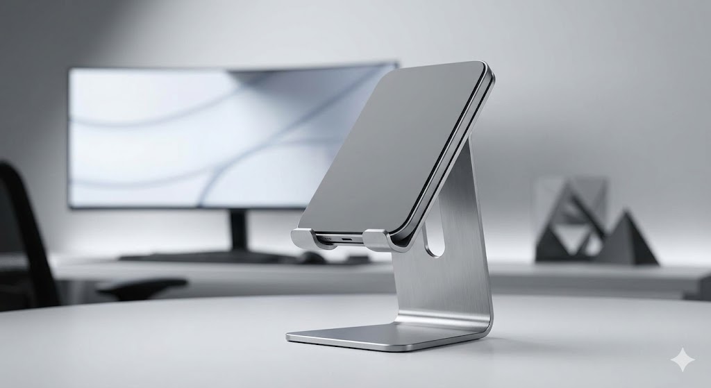 A minimalist product photograph of a sleek, brushed silver aluminum smartphone stand resting on a clean, white desk surface. A modern smartphone is resting vertically on the stand's curved brackets, showing its side profile and charging port area. The background features a clean, professional office setup blurred with a shallow depth of field, including a large curved desktop monitor and small geometric desk accessories, creating a high-tech and organized aesthetic.