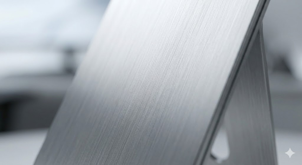 An extreme close-up, shallow depth-of-field photograph highlighting the fine, linear texture of a brushed silver aluminum surface. The image shows the sleek, metallic back panel and angular support stand of a modern tech device, likely an all-in-one computer monitor. Soft, diffused lighting catches the metallic grain, creating a bright highlight across the center while the foreground and background fade into a smooth, neutral blur.