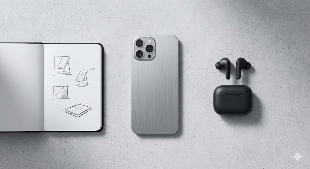 A top-down, flat-lay photograph of a minimalist everyday carry (EDC) or product design setup arranged on a light gray, textured concrete surface. In the center is a modern smartphone featuring a brushed silver aluminum backing and a triple-camera module. To its left sits an open notebook with black-ink sketches showing design concepts for a smartphone stand. To the right of the phone is a pair of matte black wireless earbuds resting symmetrically above their matching compact charging case. The composition is clean, organized, and professionally lit with soft, subtle shadows.