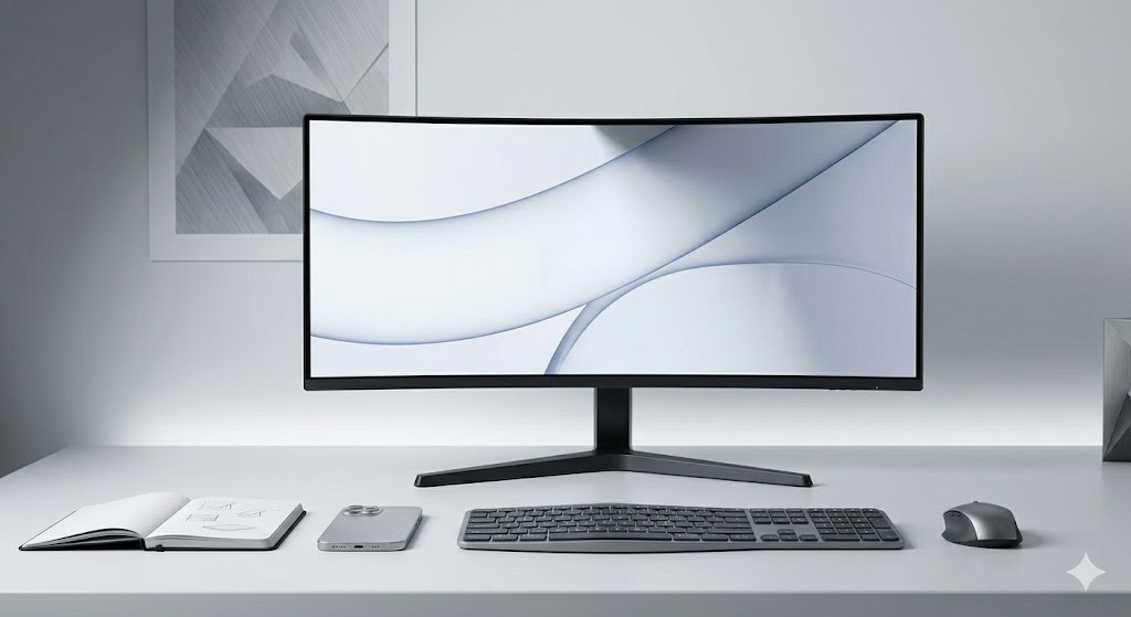 A front-facing, symmetrical product photograph of a modern and minimalist desktop workspace setup. Centered on a clean white desk is a large, ultrawide curved monitor with a black bezel and a V-shaped stand, displaying an abstract wallpaper of flowing white and gray curves. Arranged neatly in the foreground are peripheral devices, including an open notebook showing design sketches, a silver smartphone lying flat, a slim dark gray wireless keyboard, and an ergonomic wireless mouse. The background features a clean white wall with a framed monochromatic abstract artwork on the left, creating a highly organized, professional tech aesthetic.