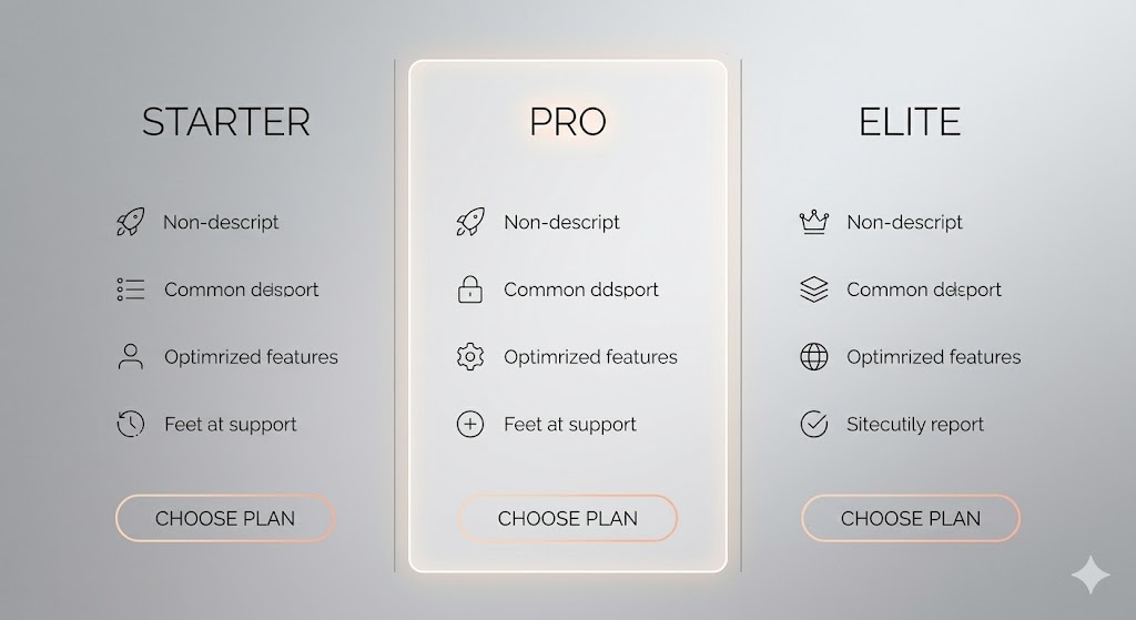 A minimalist, high-tech digital interface mockup of a pricing comparison page. Three tiers are displayed side-by-side against a soft gray background: "STARTER" on the left, "PRO" highlighted in the center with an illuminated warm-glowing border card, and "ELITE" on the right. Each tier lists four features paired with simple line icons, containing placeholder text with slight typos like "Non-descript," "Common ddsport," "Optimrized features," and "Feet at support" (with the Elite tier showing "Sitecutily report" as its final feature). At the bottom of each tier is a rounded oval "CHOOSE PLAN" button outlined with a subtle, warm orange gradient.