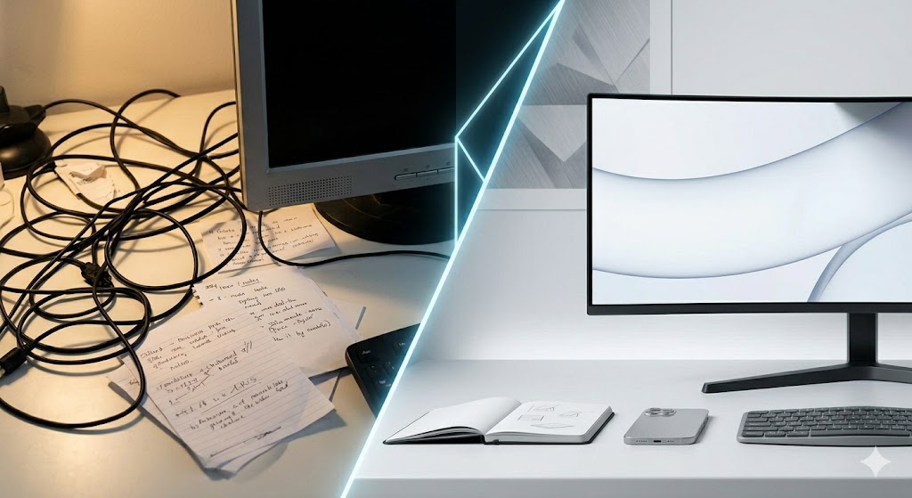 A split screen "before and after" comparison image highlighting desktop cable management and workspace organization, divided diagonally by a glowing neon blue line.
The left side ("Before") depicts a cluttered, dimly lit desk featuring a massive, tangled nest of black power and data cables on the surface. Messy handwritten notes, a keyboard corner, and an old silver-bezeled square monitor are scattered haphazardly under a warm, yellow light.
The right side ("After") showcases a brightly lit, pristine, minimalist desktop workspace setup. It features a modern ultrawide curved monitor displaying an abstract white wallpaper, a slim dark gray wireless keyboard, a silver smartphone lying flat, and an open notebook neatly arranged on a clean white desk, creating a highly organized and productive environment.