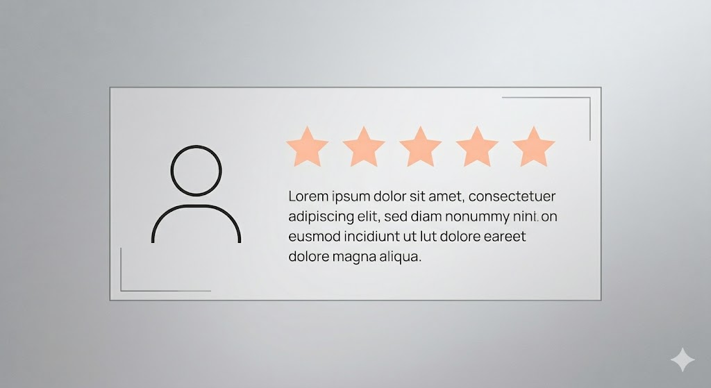 A minimalist graphic design mockup of a customer testimonial card centered against a soft, light gray gradient background. The rectangular testimonial card is enclosed in a thin dark outline with decorative L-shaped corner brackets on the bottom-left and top-right. On the left side of the card is a simple black line icon of a person's silhouette. To the right, five light orange or peach-colored stars are arranged horizontally above four lines of black placeholder text that reads: "Lorem ipsum dolor sit amet, consectetuer adipiscing elit, sed diam nonummy nini. on euismod incidiunt ut lut dolore eareet dolore magna aliqua."