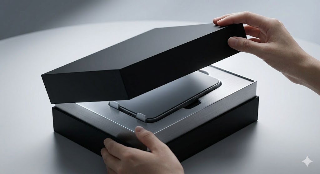A close-up photograph capturing the unboxing of a premium tech product on a white surface. Two hands are carefully lifting the lid of a matte black rectangular gift box, revealing a sleek, dark grey or black device nestled securely inside. The product is fitted horizontally within a form-fitting tray made of brushed silver aluminum with clean metallic borders. The studio lighting is soft and directional, highlighting the premium textures of both the matte packaging and the metallic interior tray, creating an elegant and high-end consumer experience.